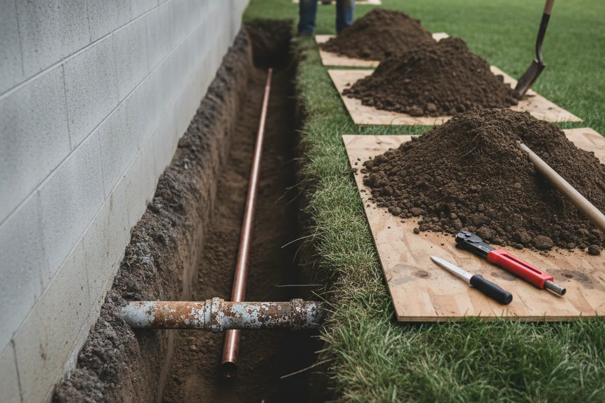 Excavated water line trench during Sewer Line Repair in Marshall